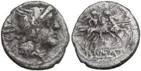 Anonymous. Sestertius, from 211 BC. Obv. Helmeted head of Roma right; behind, IIS; below neck truncation, dot. Rev. The Dioscuri galloping right; in l...
