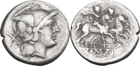 Anchor series. Denarius, uncertain Campanian mint (Capua?), 210 BC. Obv. Helmeted head of Roma right; behind, X. Rev. The Dioscuri galloping right; be...
