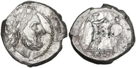 Anonymous. Victoriatus, from 211 BC. Obv. Laureate head of Jupiter right. Rev. Victory standing right, crowning trophy; in exergue, ROMA. Cr. 53/1. AR...
