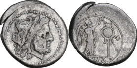 Anonymous. Victoriatus, from 211 BC. Obv. Laureate head of Jupiter right. Rev. Victory standing right, crowning trophy; in exergue, ROMA. Cr. 53/1. AR...
