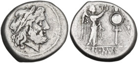 Anonymous. Victoriatus, from 211 BC. Obv. Laureate head of Jupiter right. Rev. Victory standing right, crowning trophy; in exergue, ROMA. Cr. 53/1. AR...