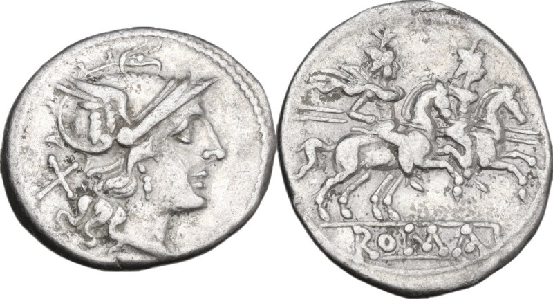 Anonymous. Denarius, from 211 BC. Obv. Helmeted head of Roma right; behind, X. R...