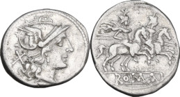 Anonymous. Denarius, from 211 BC. Obv. Helmeted head of Roma right; behind, X. Rev. The Dioscuri galloping right; in linear frame, ROMA. Cr. 53/2. AR....