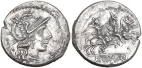 Anonymous. Denarius, from 211 BC. Obv. Helmeted head of Roma right; behind, X. Rev. The Dioscuri galloping right; in linear frame, ROMA. Cr. 53/2. AR....