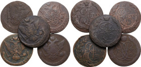 Russia. Lot of five (5) AE 5 kopeks coins: 1760, 1769, 1770, 1772, 1778. AE.