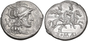 Anonymous. Denarius, from 211 BC. Obv. Helmeted head of Roma right; behind, X. Rev. The Dioscuri galloping right; in linear frame, ROMA. Cr. 53/2. AR....