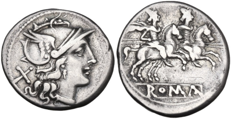 Anonymous. Denarius, from 211 BC. Obv. Helmeted head of Roma right; behind, X. R...
