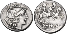 Anonymous. Denarius, from 211 BC. Obv. Helmeted head of Roma right; behind, X. Rev. The Dioscuri galloping right; in linear frame, ROMA. Cr. 53/2. AR....