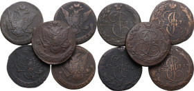 Russia. Lot of five (5) AE 5 kopeks coins: 1770, 1771, 1775, 1781, 1785. AE.