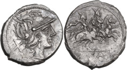 Anonymous. Denarius, 179-170 BC. Obv. Helmeted head of Roma right; behind, X. Rev. The Dioscuri galloping right; in linear frame, ROMA. Cr. 167/1. AR....