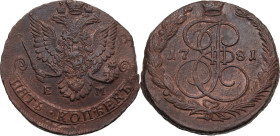 Russia. Catherine II 'the Great' (1762-1796). AE 5 kopeks 1781 EM, Ekaterinburg mint. Bitkin 632. AE. 53.08 g. 41.00 mm. Good VF.