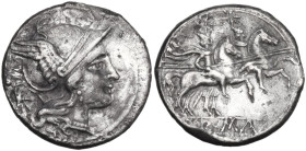 Anonymous. Denarius, uncertain Lucanian mint (Venusia?), 210 BC. Obv. Helmeted head of Rome right; behind, X. Rev. The Dioscuri galloping right; in li...