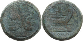 Anonymous sextantal series. AE As, 211 BC. Obv. Laureate head of Janus; above, I. Rev. Prow right; above, I. Cr. 56/2. AE. 39.70 g. 32.00 mm. About VF...