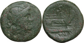 Anonymous sextantal series. AE Semis, 211 BC. Obv. Laureate head of Saturn right. Rev. Prow right. Cr. 56/3. AE. 17.30 g. 27.00 mm. Green patina. Abou...