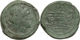 Anonymous sextantal series. AE Semis, 211 BC. Obv. Laureate head of Saturn right. Rev. Prow right. Cr. 56/3. AE. 22.00 g. 29.00 mm. Green patina. Abou...