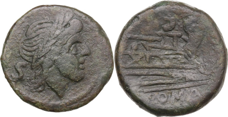 Anonymous sextantal series. AE Semis, 211 BC. Obv. Laureate head of Saturn right...