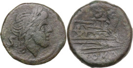 Anonymous sextantal series. AE Semis, 211 BC. Obv. Laureate head of Saturn right. Rev. Prow right. Cr. 56/3. AE. 14.45 g. 28.00 mm. About VF.