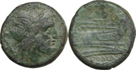 Anonymous sextantal series. AE Semis, 211 BC. Obv. Laureate head of Saturn right. Rev. Prow right. Cr. 56/3. AE. 22.10 g. 28.50 mm. Green patina. Abou...