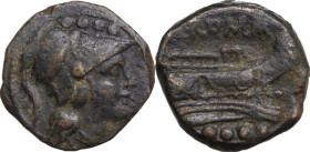 Anonymous. AE Triens, 211 BC. Obv. Helmeted head of Minerva right; above, four pellets. Rev. Prow right; below, four pellets. Cr. 56/4. AE. 6.90 g. 21...
