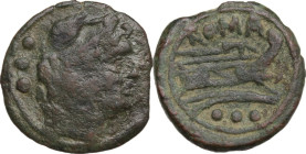 Anonymous. AE Quadrans, uncertain Sardinian mint, after 211 BC. Obv. Head of Hercules right, wearing lion's skin; behind, three pellets. Rev. Prow rig...