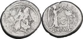 Crescent (first) series. Victoriatus, 207 BC. Obv. Laureate head of Jupiter right. Rev. Victory standing right, crowning trophy; between, crescent; in...