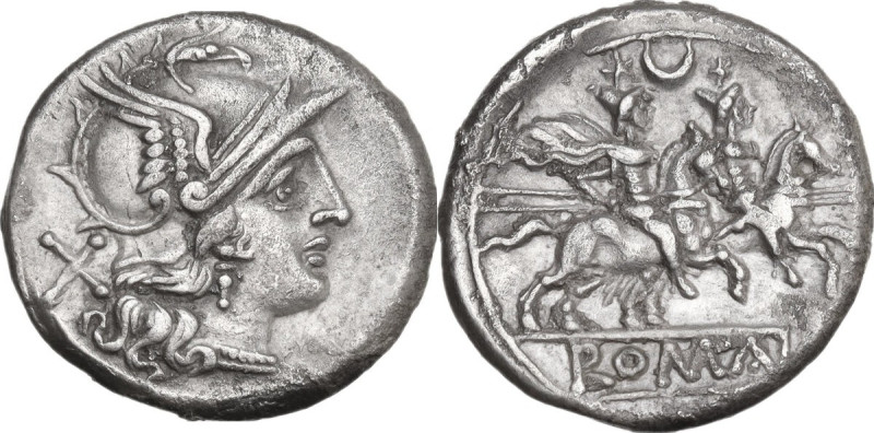 Crescent series. Denarius, 207 BC. Obv. Helmeted head of Roma right; behind, X. ...