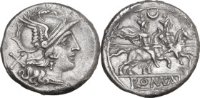 Crescent series. Denarius, 207 BC. Obv. Helmeted head of Roma right; behind, X. Rev. The Dioscuri galloping right; above, crescent; in linear frame, R...