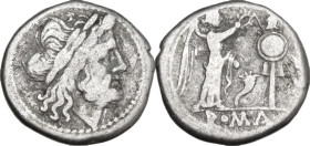 Cornucopiae series. Victoriatus, 207 BC. Obv. Laureate head of Jupiter right. Rev. Victory standing right, crowning trophy; between, cornucopiae; in e...