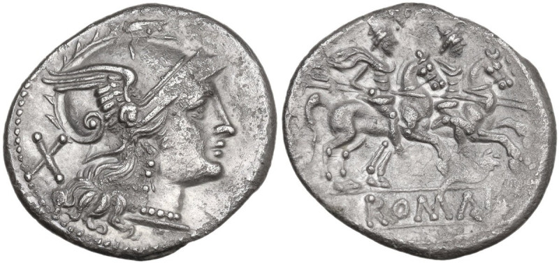 Cornucopiae series. Denarius, 207 BC. Obv. Helmeted head of Roma right; behind, ...