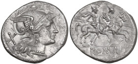 Cornucopiae series. Denarius, 207 BC. Obv. Helmeted head of Roma right; behind, X. Rev. The Dioscuri galloping right; below, cornucopiae; in linear fr...
