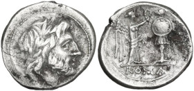 Anonymous. Victoriatus, uncertain Sicilian mint, 214-215 BC. Obv. Laureate head of Jupiter right. Rev. Victory standing right, crowning trophy; in exe...