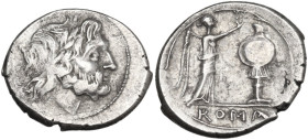 Anonymous. Victoriatus, uncertain Sicilian mint, 214-215 BC. Obv. Laureate head of Jupiter right. Rev. Victory standing right, crowning trophy; in exe...