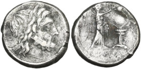 Anonymous. Victoriatus, uncertain Sicilian mint, 214-215 BC. Obv. Laureate head of Jupiter right. Rev. Victory standing right, crowning trophy; in exe...