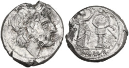 Anonymous. Victoriatus, uncertain Sicilian mint, 214-215 BC. Obv. Laureate head of Jupiter right. Rev. Victory standing right, crowning trophy; in exe...