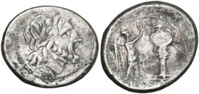 Anonymous. Victoriatus, uncertain Sicilian mint, 214-215 BC. Obv. Laureate head of Jupiter right. Rev. Victory standing right, crowning trophy; in exe...