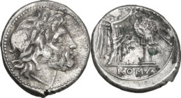 Anonymous. Victoriatus, uncertain Sicilian mint, 214-215 BC. Obv. Laureate head of Jupiter right. Rev. Victory standing right, crowning trophy; in exe...
