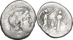 Spearhead (first) series. Victoriatus, uncertain Samnite mint (Bovianum?), 213 BC. Obv. Laureate head of Jupiter right. Rev. Victory standing right, c...