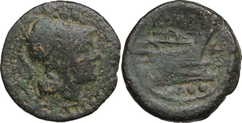 H series. AE Triens, uncertain mint in Southeast Italy.211-210 BC. Obv. Helmeted...