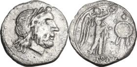 Torque series. Victoriatus, uncertain South Italy mint, 210 BC (?). Obv. Laureate head of Jupiter right. Rev. Victory standing right, crowning trophy;...