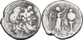 Archaic L series. Victoriatus, Luceria mint, 212 BC. Obv. Laureate head of Jupiter right. Rev. Victory standing right, crowning trophy; between, archa...