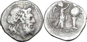 Archaic L series. Victoriatus, Luceria mint, 212 BC. Obv. Laureate head of Jupiter right. Rev. Victory standing right, crowning trophy; between, archa...