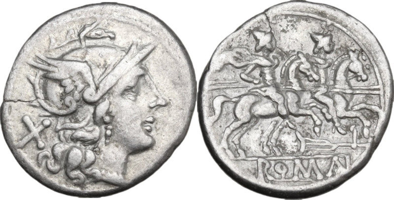 Rudder series. Denarius, uncertain Campanian mint (Capua?), 205 BC. Obv. Helmete...