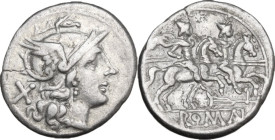 Rudder series. Denarius, uncertain Campanian mint (Capua?), 205 BC. Obv. Helmeted head of Roma right; behind, X. Rev. The Dioscuri galloping right; be...