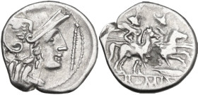 Staff and feather series. Denarius, uncertain Spanish mint (Tarraco?), 201 BC. Obv. Helmeted head of Roma right (no curl on left shoulder); behind, X;...