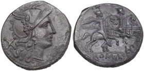 LPLH series. Denarius, 189-180 BC. Obv. Helmeted head of Roma right; behind, X. Rev. The Dioscuri galloping right; below, LPLH ligate and ROMA in part...