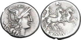 AN or AV series. Denarius, uncertain Spanish mint, 203 BC. Obv. Helmeted head of Roma right; behind, X. Rev. Luna in biga right; above, AV or AN; in l...