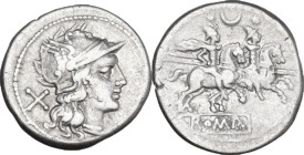 Crescent series. Denarius, uncertain Spanish mint, 204 BC. Obv. Helmeted head of Roma right; behind, X. Rev. The Dioscuri galloping right; above, cres...