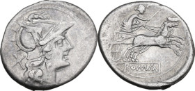 Anonymous. Denarius, uncertain Spanish mint, 205 BC. Obv. Helmeted head of Roma right; behind, X. Rev. Luna in biga right; in linear frame, ROMA. Cr. ...