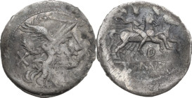 D series. Denarius, uncertain Spanish mint (Tarraco?), 207 BC. Obv. Helmeted head of Roma right; behind, X. Rev. The Dioscuri galloping right; below, ...