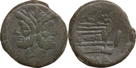 A. Caecilius. AE As, 169-158 BC. Obv. Laureate head of Janus. Rev. Prow right; above, A CAE(ligate); before, I; below, ROMA. Cr. 174/1. AE. 20.20 g. 3...